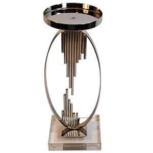 Modern Industrial Silver Metal Oval Candlestick Pillar Centerpiece 12 Inch Tall